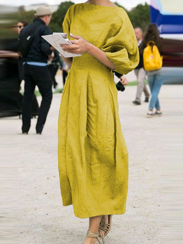 Olivia Bennet | Half Sleeves Loose Solid Color Round-neck Maxi Dresses