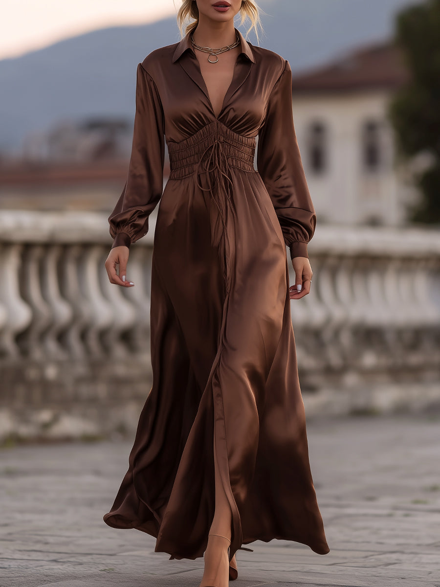Olivia Bennet | Olivia Bennet Satin Cinched Waist Maxi Dress In Mocha Brown