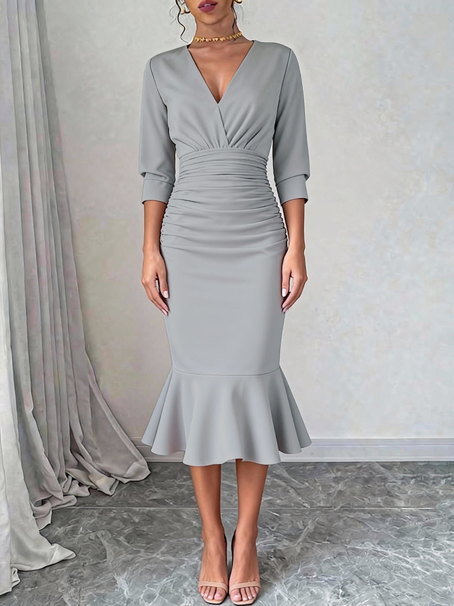 Olivia Bennet | Bodycon Elasticated Waist Interlace Solid Color Split-Joint Split-Side Deep V-Neck Midi Dresses