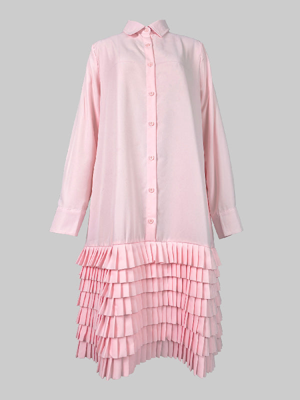 Olivia Bennet | A-Line Long Sleeves Layered Pleated Pockets Solid Color Split-Joint Lapel Midi Dresses Shirt Dress