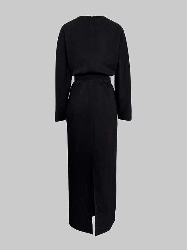Olivia Bennet | Half Sleeves Loose Rhine Stones Split-Joint Round-Neck Maxi Dresses