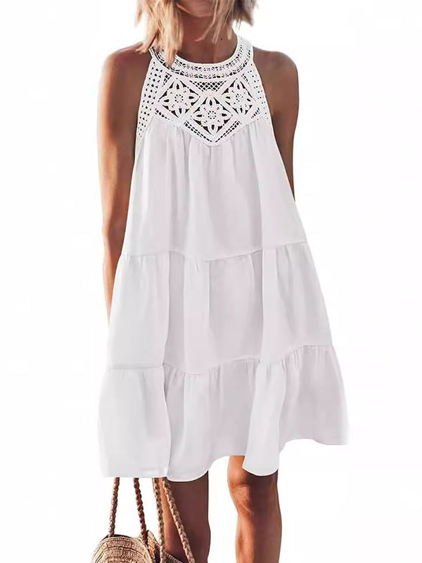Olivia Bennet | A-Line Loose Hollow Pleated Solid Color Split-Joint Round-Neck Mini Dresses