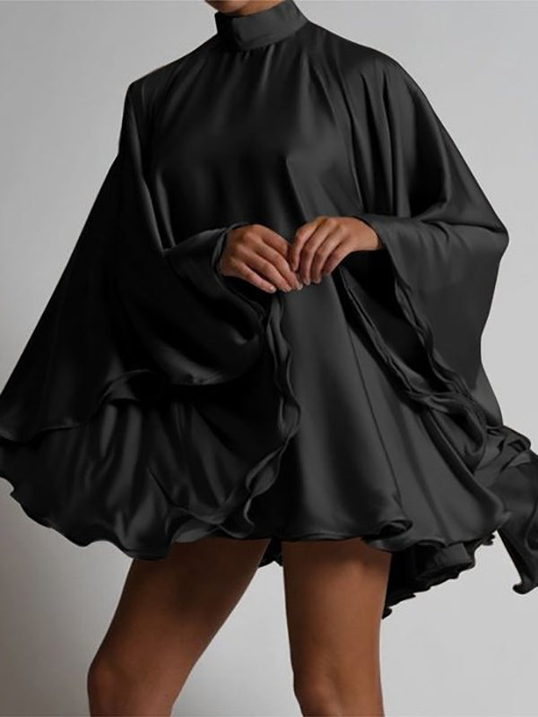 Olivia Bennet | Solid Color High-Neck Backless Flared Sleeves Mini Dress