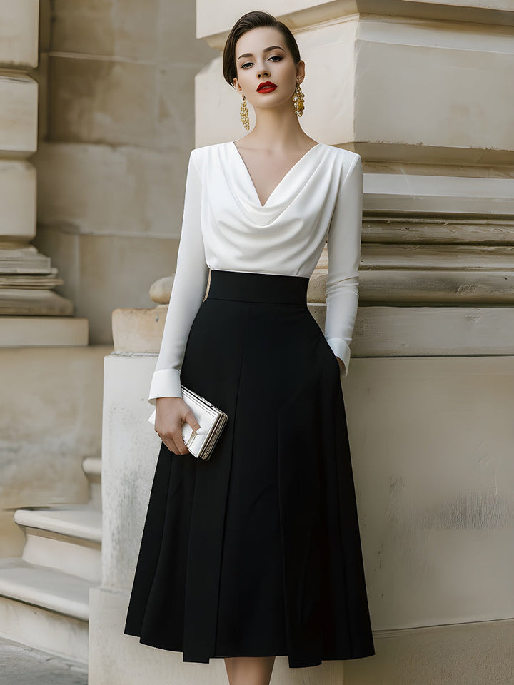 Olivia Bennet | Black Draped-Neck Contrast-Panel Midi Dress