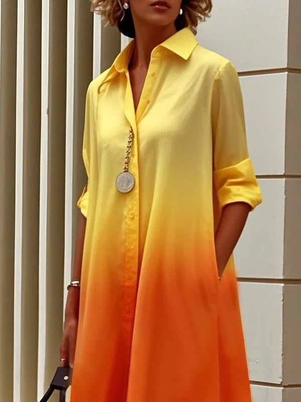 Olivia Bennet | Long Sleeves Loose Buttoned Contrast Color Gradient Lapel Midi Dresses Shirt Dress