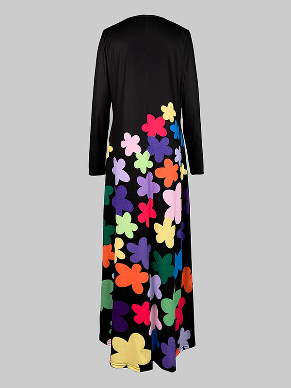 Olivia Bennet | Long Sleeves Asymmetric Floral Round-Neck Maxi Dresses