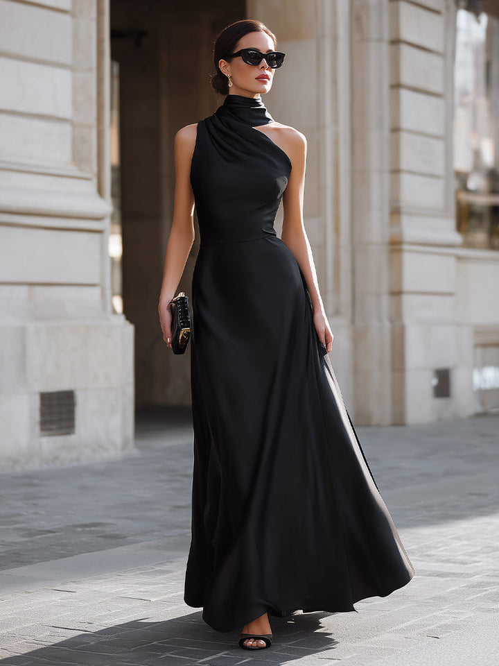Olivia Bennet | One-Shoulder Draped High-Neck Maxi Dress