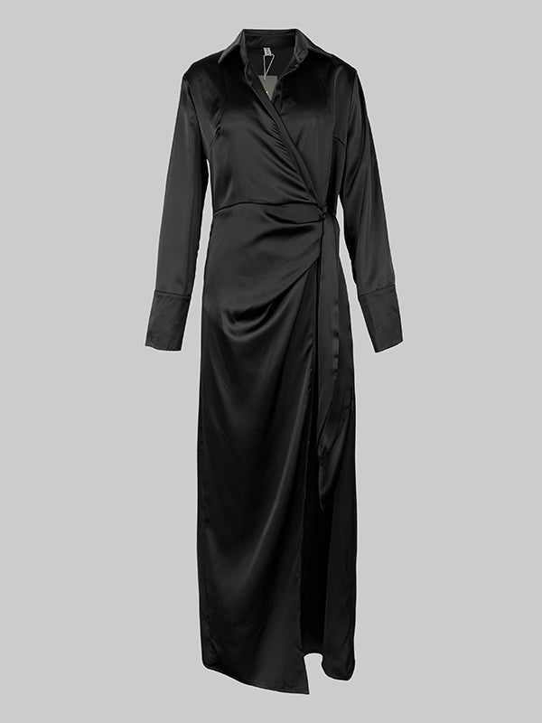 Olivia Bennet | Long Sleeves Loose Solid Color Lapel Collar Maxi Shirt Dresses