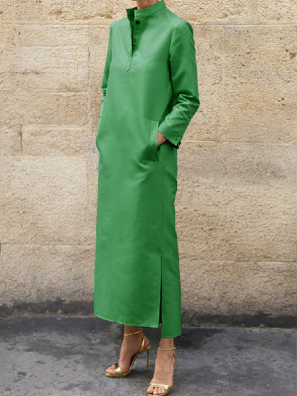 Olivia Bennet | Long Sleeves Loose Solid Color Split-Side Stand Collar Midi Dresses