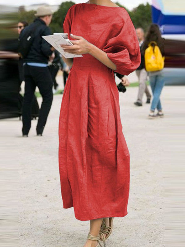 Olivia Bennet | Half Sleeves Loose Solid Color Round-neck Maxi Dresses
