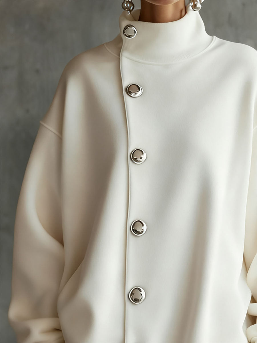 Olivia Bennet | Long Sleeves Loose Buttoned Solid Color Split-Joint High Neck Mini Dresses Sweatershirt