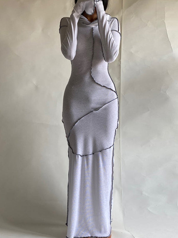 Olivia Bennet | Long Sleeves Plus Size Solid Color Split-Joint Hooded Maxi Dresses
