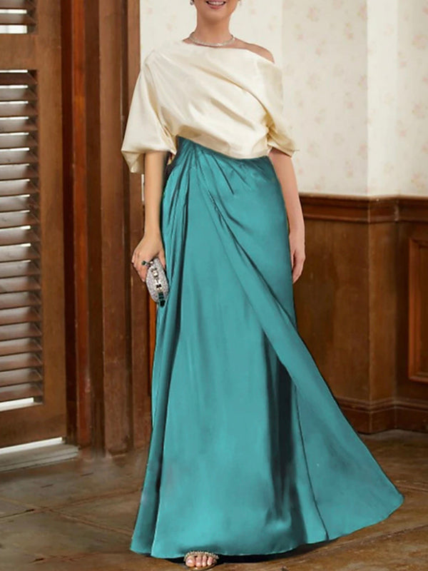 Olivia Bennet | Half Sleeves Loose Asymmetric Contrast Color Pleated Split-Joint One-Shoulder Evening Dresses Maxi Dresses