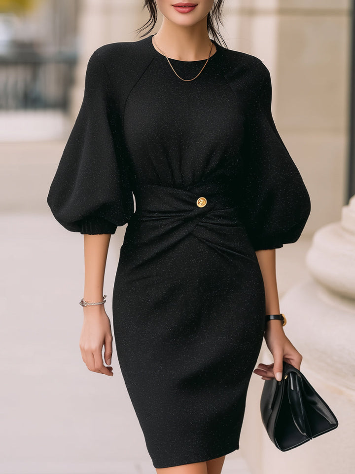 Olivia Bennet | Puff-Sleeve Waist-Twist Knit Midi Dress