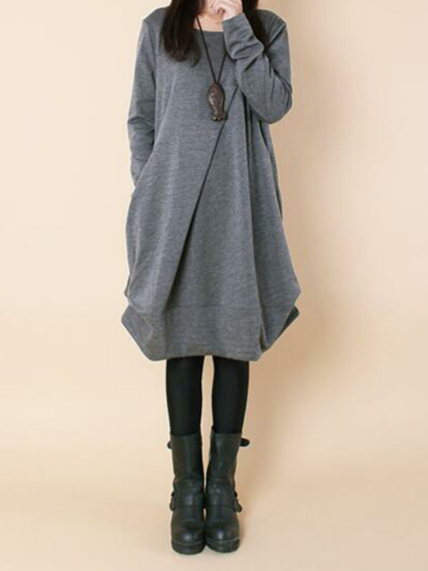Olivia Bennet | A-line Long Sleeves Pleated Solid Color Round-neck Dresses Maxi Dresses