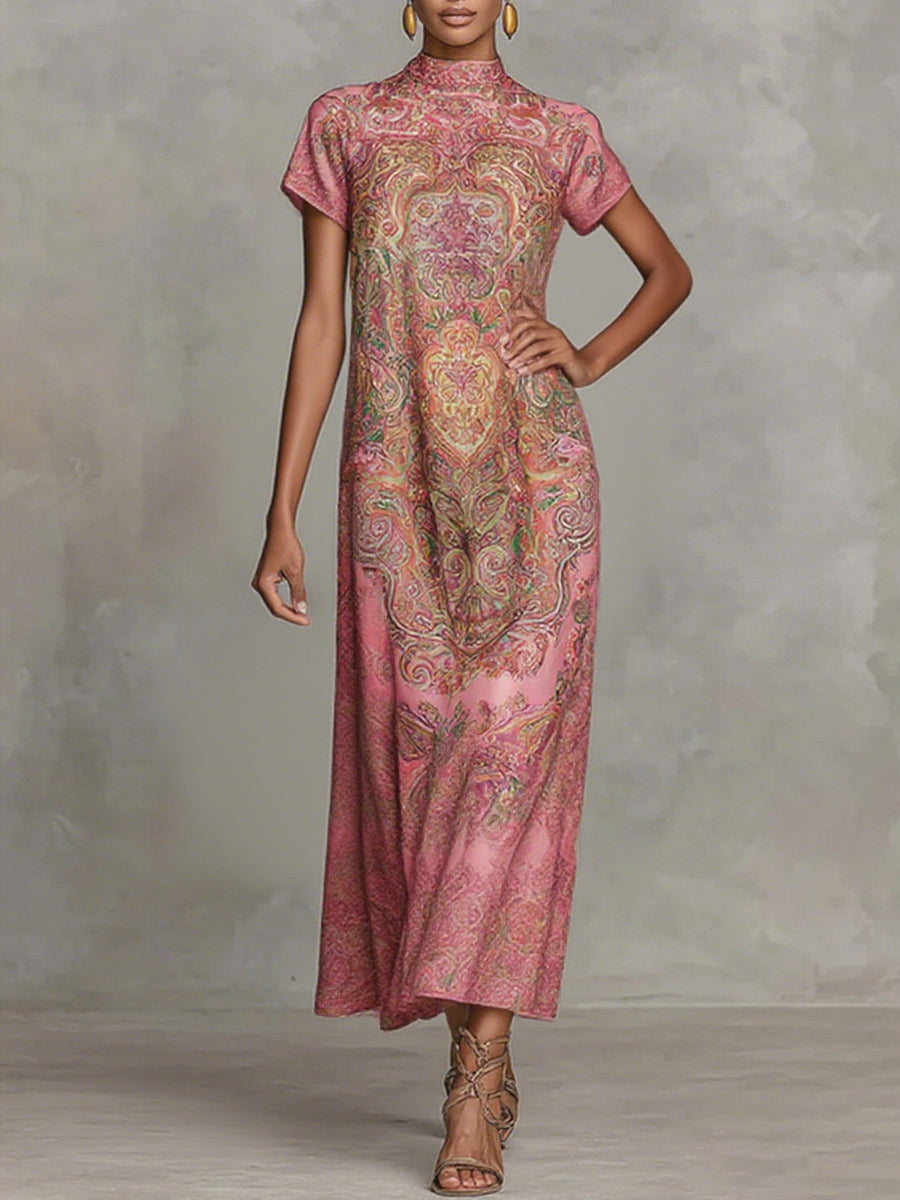Olivia Bennet | Loose Short Sleeves Contrast Color Flower Print Mock Neck Maxi Dresses