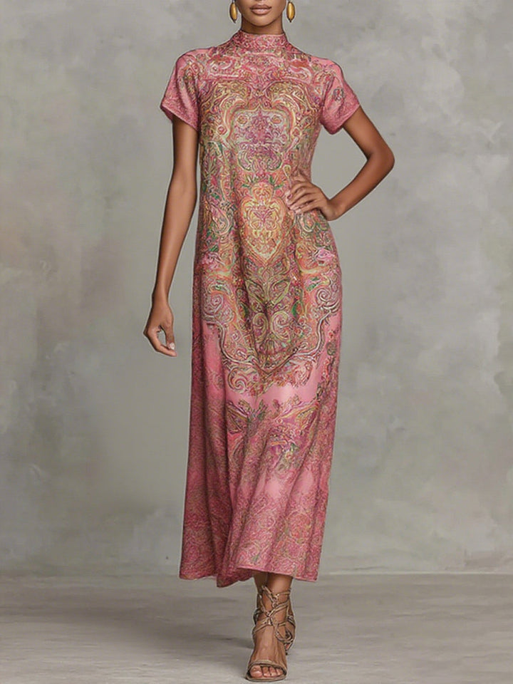 Olivia Bennet | Loose Short Sleeves Contrast Color Flower Print Mock Neck Maxi Dresses