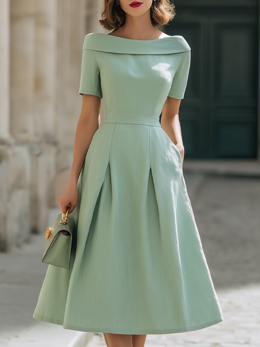 Olivia Bennet | Mint Green Off-Shoulder Short Sleeve Fit-and-Flare Midi Dress With Pockets