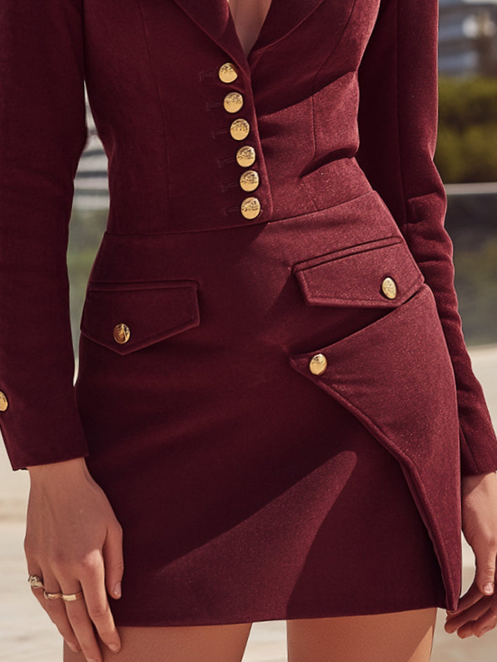 Olivia Bennet | Burgundy Tailored Blazer-Style Gold-Tone Button Mini Dress
