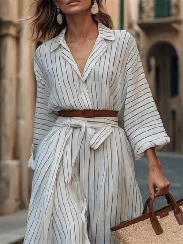 Olivia Bennet | Long Sleeves Loose Belted Buttoned Striped Notched Collar Midi Dresses Shirt Dress