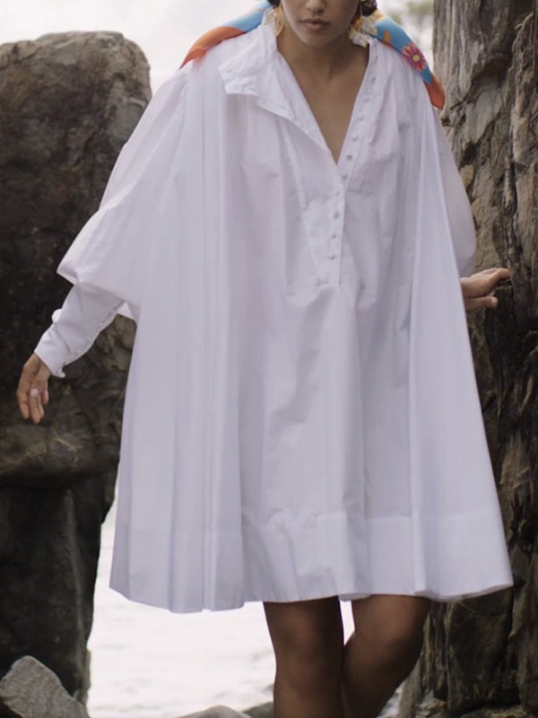 Olivia Bennet | Long Sleeves Loose Buttoned Solid Color Stand Collar Mini Dresses Shirt Dress