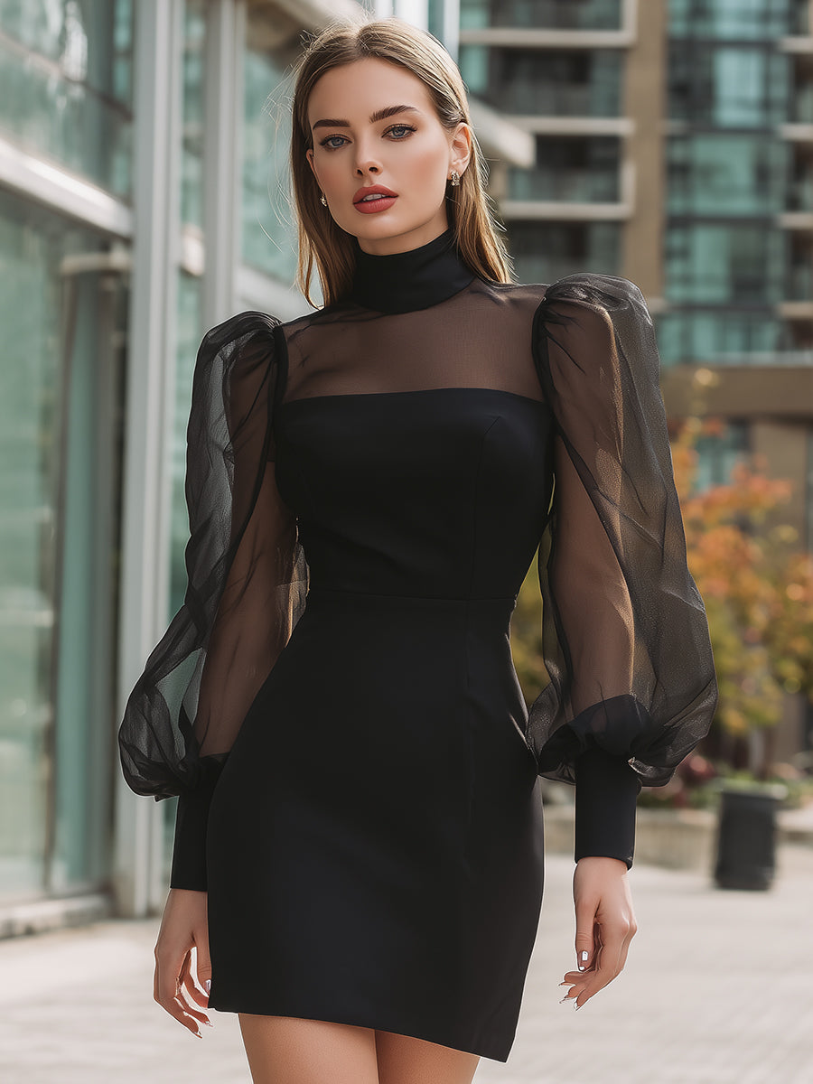 Olivia Bennet | Black Structured Puff-Sleeve Sheer Mini Dress