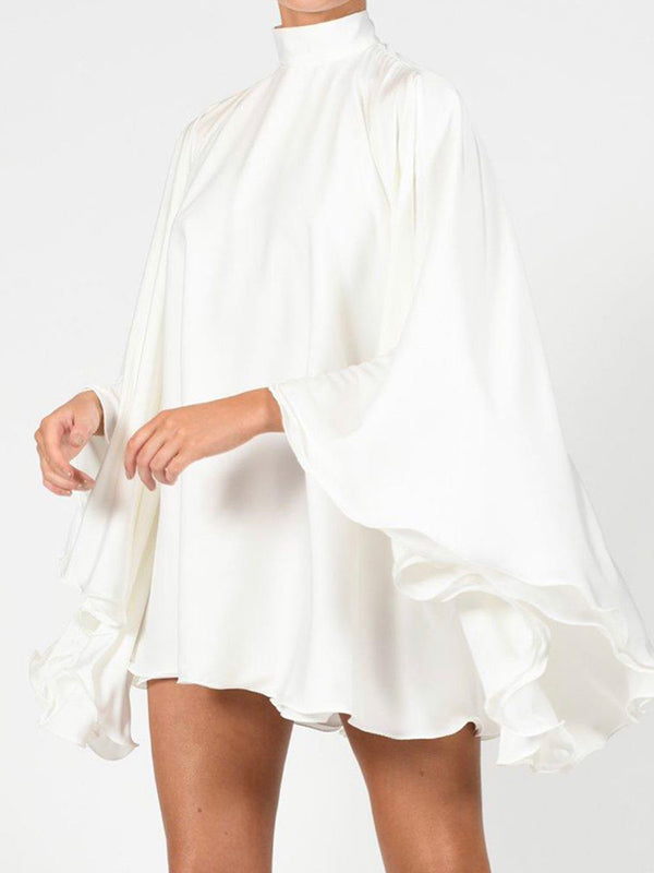 Olivia Bennet | Solid Color High-Neck Backless Flared Sleeves Mini Dress