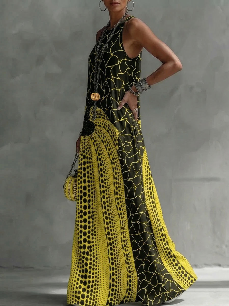 Olivia Bennet | Loose Sleeveless Pockets Polka-Dot Printed Round-Neck Maxi Dresses