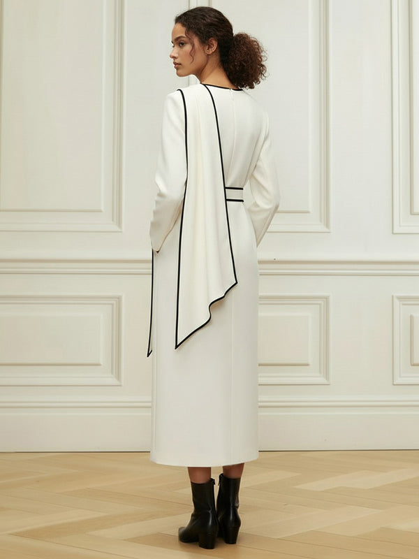 Olivia Bennet | Long Sleeves Minimalist Belted Comfort Contrast Color Round-Neck Midi Dresses