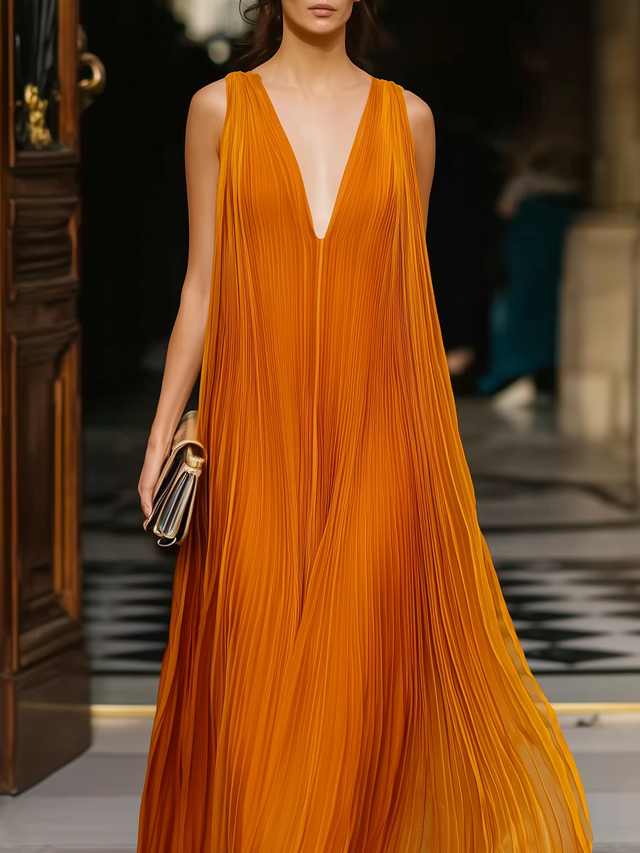 Olivia Bennet | Deep V-Neck Pleated Flowing Maxi Dress