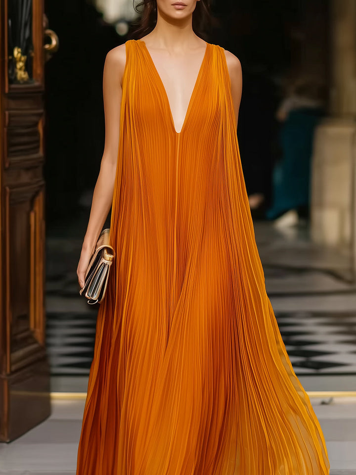 Olivia Bennet | Deep V-Neck Pleated Flowing Maxi Dress