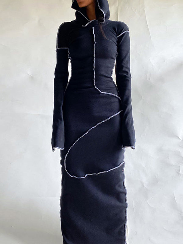 Olivia Bennet | Long Sleeves Plus Size Solid Color Split-Joint Hooded Maxi Dresses