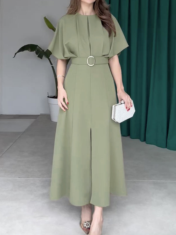 Olivia Bennet | Loose Raglan Sleeve Pleated Split-Front Split-Joint Tied Waist Round-Neck Maxi Dresses