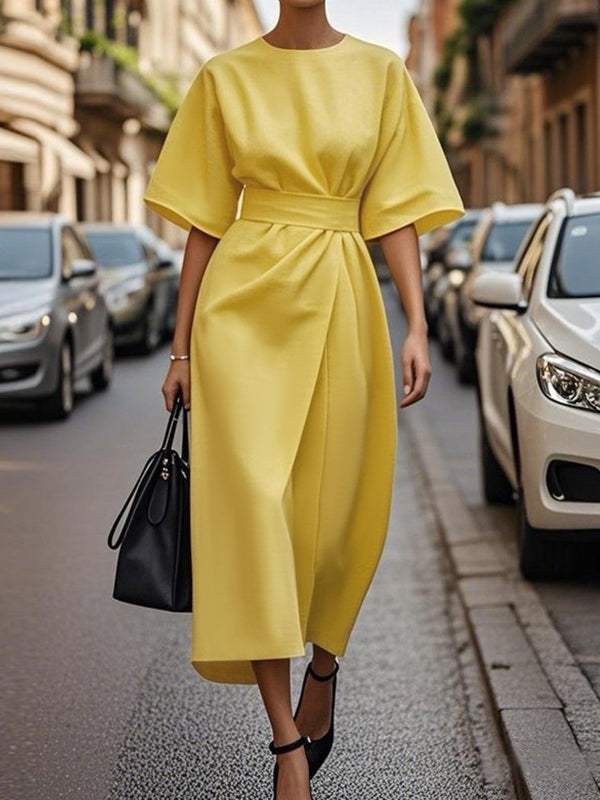 Olivia Bennet | Loose Short Sleeves Pleated Solid Color Split-Joint Round-Neck Midi Dresses