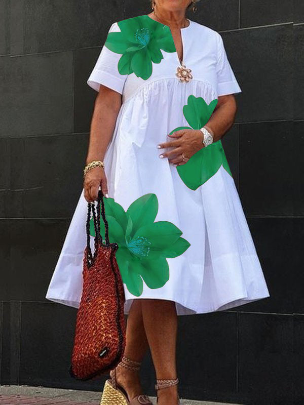 Olivia Bennet | A-Line Loose Flower Print Pleated V-Neck Midi Dresses