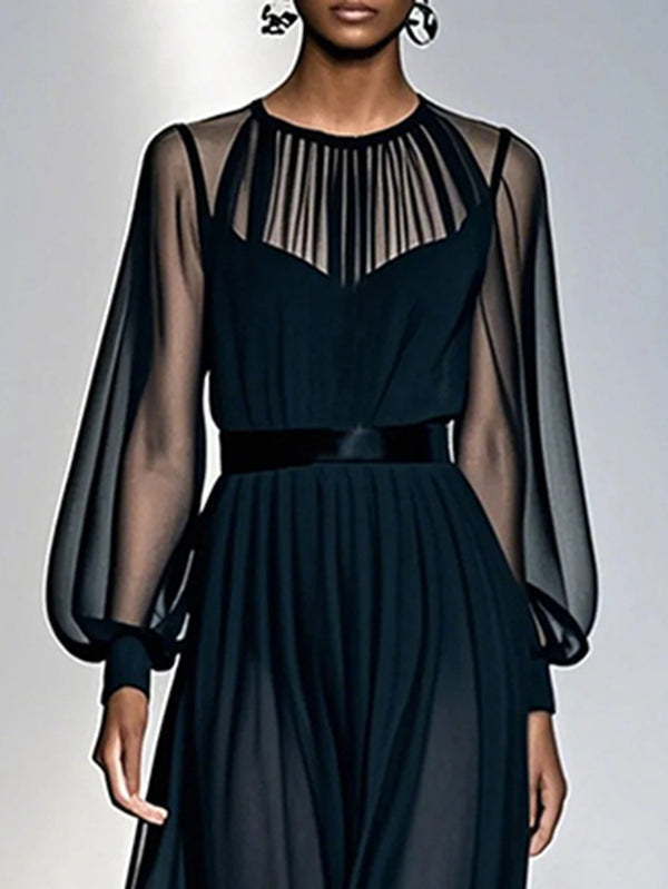 Olivia Bennet | False Two Loose Gauze Pleated See-Through Round-Neck Maxi Dresses