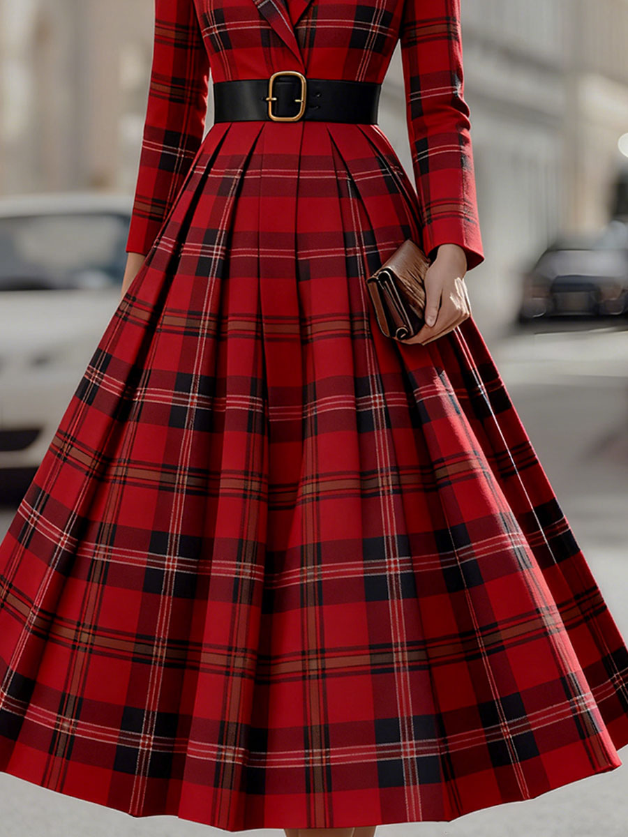 Olivia Bennet | Olivia Bennet Statement Red Plaid Trench Dress With Gold Buckle Belt