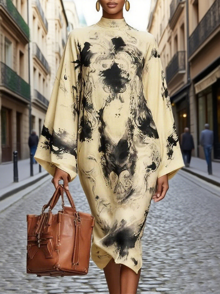 Olivia Bennet | Long Sleeves Loose Contrast Color Printed Mock Neck Midi Dresses