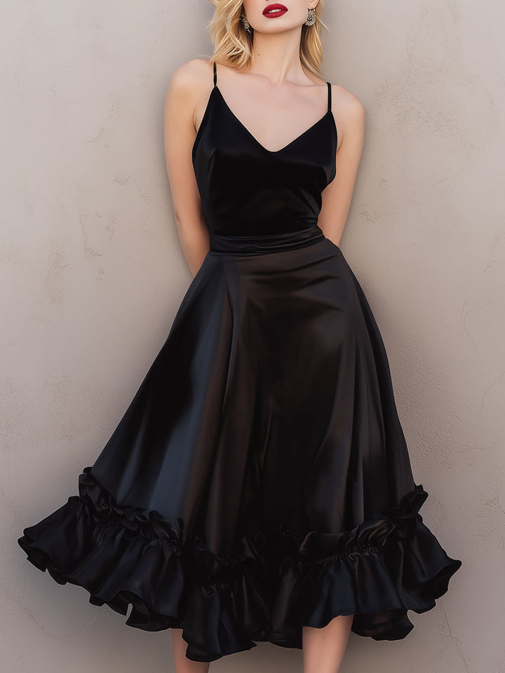 Olivia Bennet | Champagne Ruffled Hem Spaghetti-Strap Satin Midi Dress