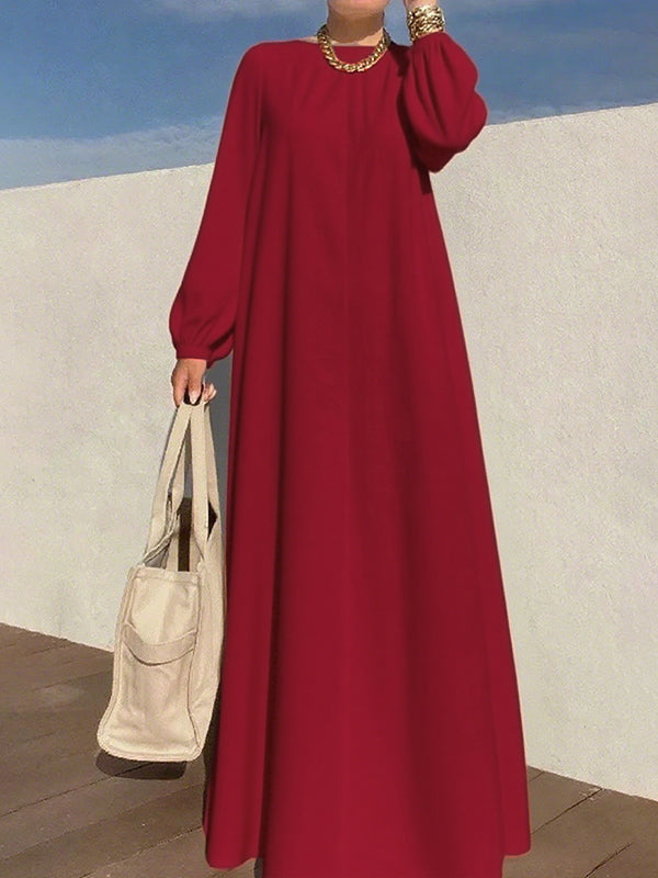 Olivia Bennet | Long Sleeves Loose Pleated Solid Color Zipper Round-Neck Maxi Dresses