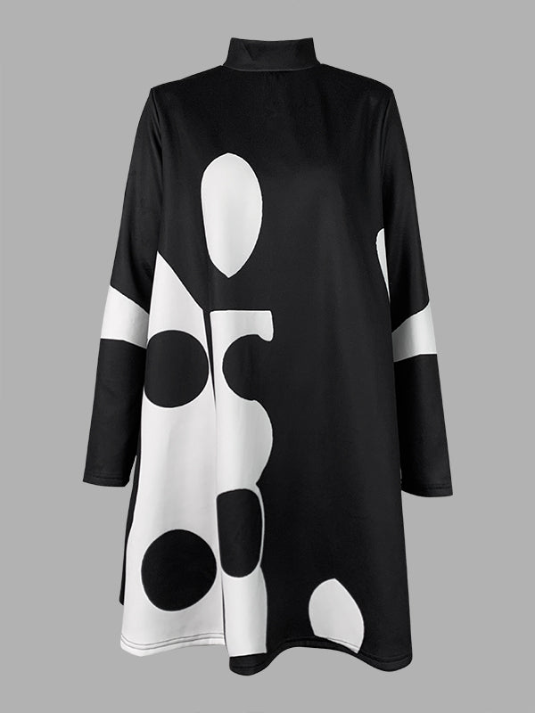 Olivia Bennet | A-Line Long Sleeves Polka-Dot Split-Joint Mock Neck Mini Dresses