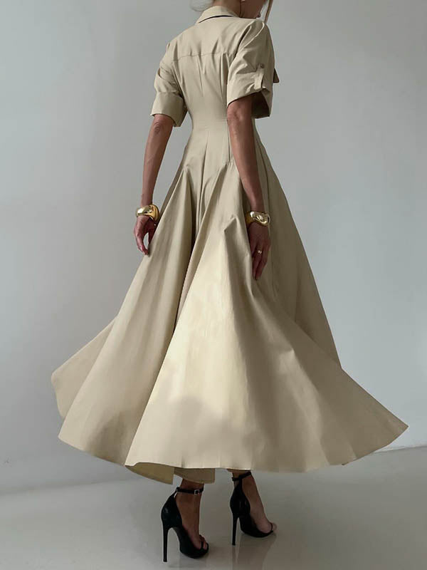 Olivia Bennet | Short Sleeves Buttoned Solid Color Lapel Maxi Dresses Shirt Dress