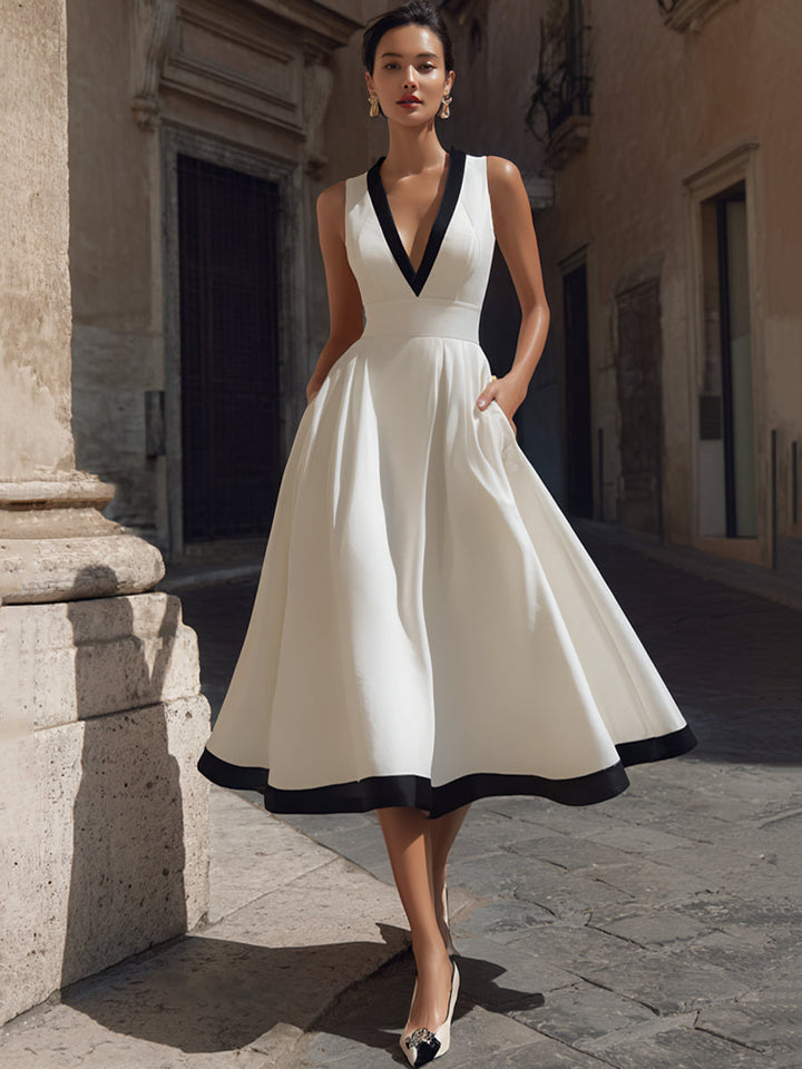 Olivia Bennet | Elegant V-Neck A-Line Midi Dress With Contrast Trim And Pockets
