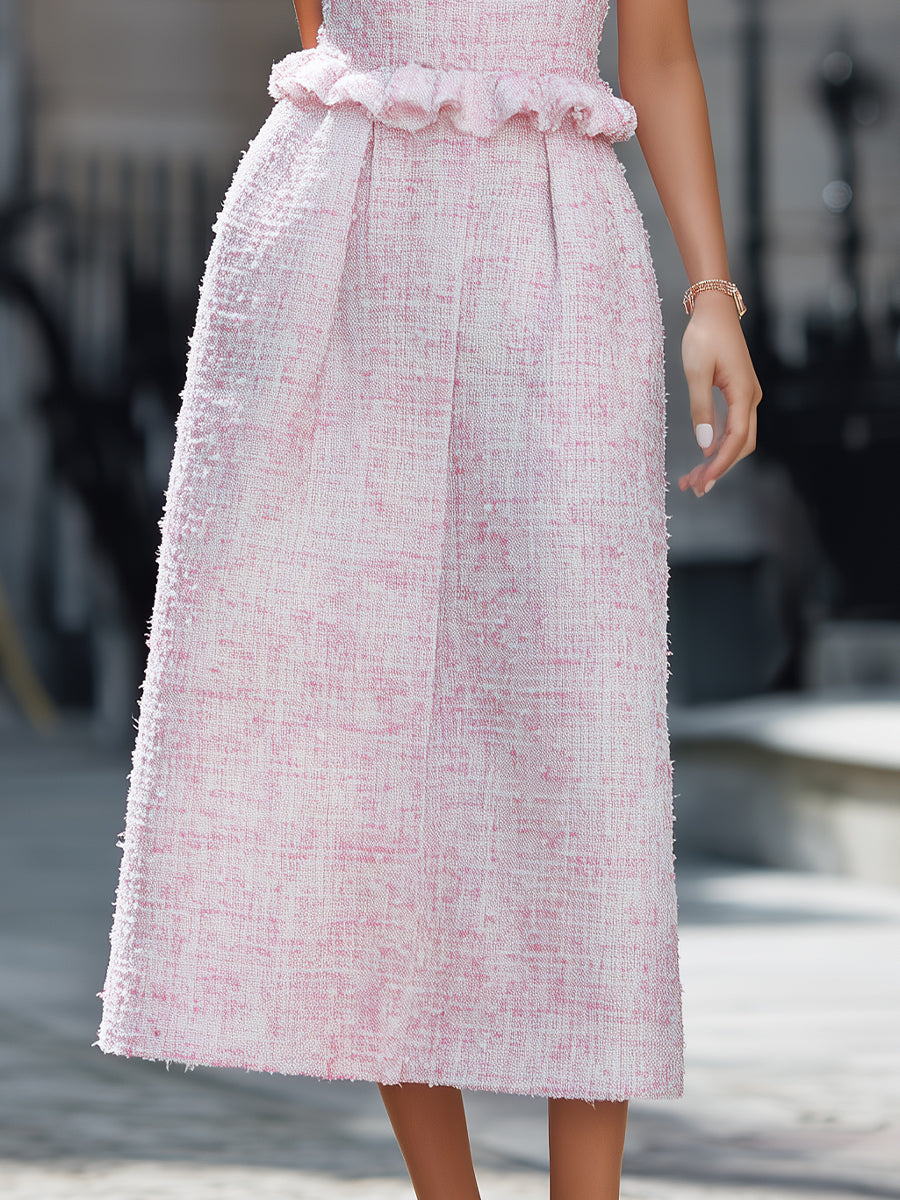 Olivia Bennet | Elegant Pink Tweed Sleeveless Midi Dress