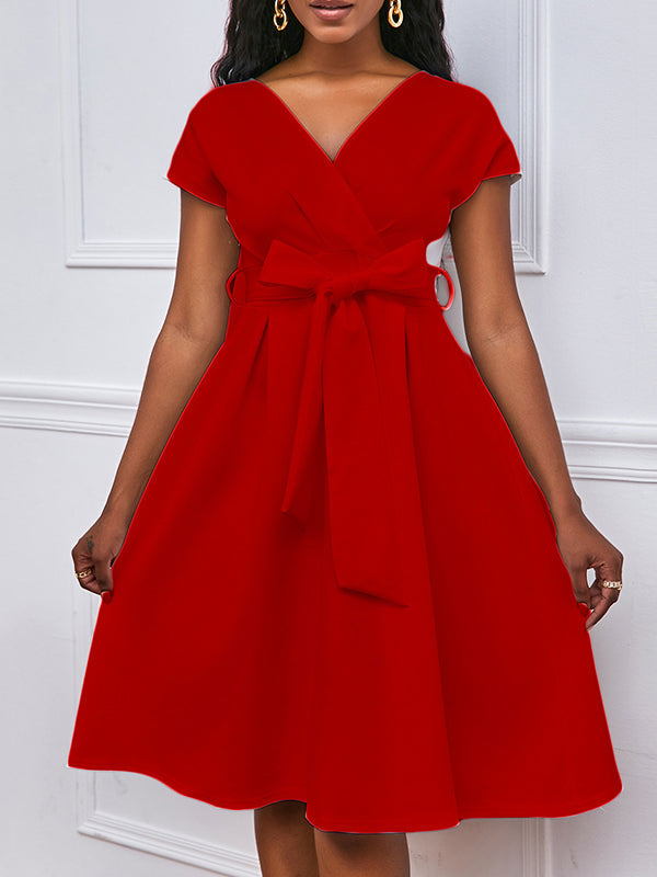 Olivia Bennet | Bowknot Lace-Up Solid Color V-Neck Midi Dresses