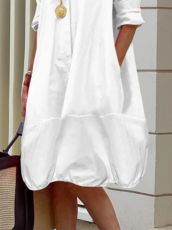 Olivia Bennet | Long Sleeves Loose Solid Color Lapel Collar Midi Dresses Shirt Dress