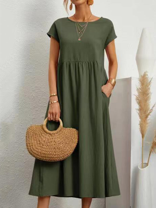 Olivia Bennet | Loose Short Sleeves Pleated Solid Color Round-Neck Midi Dresses