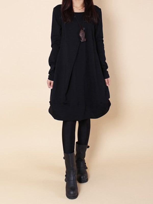 Olivia Bennet | A-line Long Sleeves Pleated Solid Color Round-neck Dresses Maxi Dresses