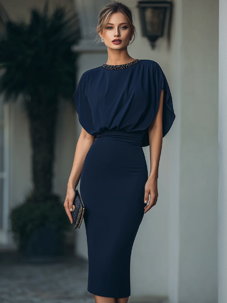 Olivia Bennet | Black Draped Embellished-Neck Satin Midi Dress