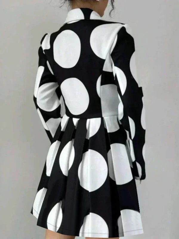 Olivia Bennet | A-line High Waisted Buttoned Contrast Color Pleated Polka-Dot Lapel Mini Dresses